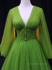 Green A Line Long Corset Prom Dresses, V Neck Green Tulle Long Corset Formal Evening Dresses outfit, Prom Dresses Glitter