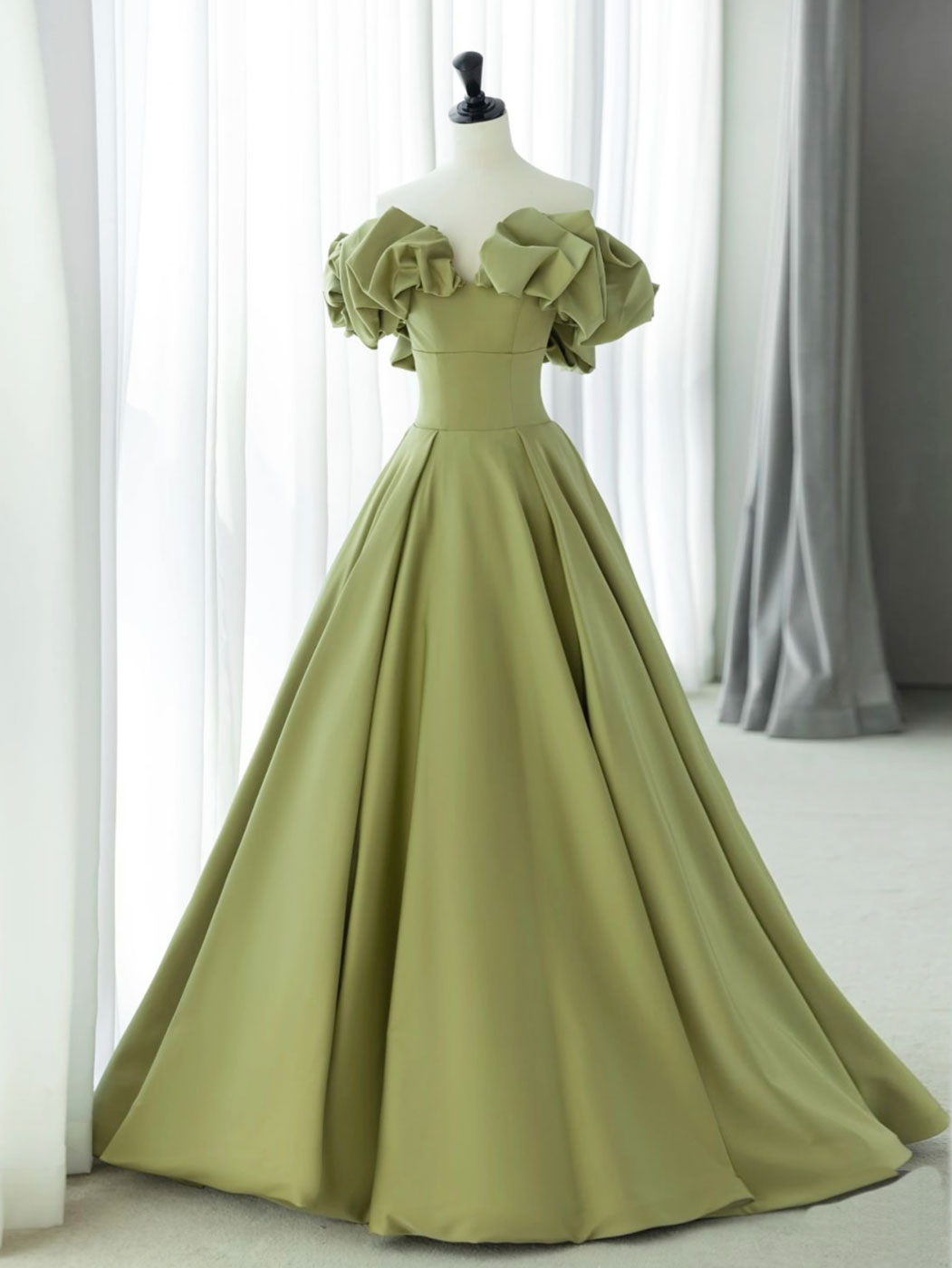 Green A-Line Satin Long Corset Prom Dresses, Green Corset Formal Evening Dress outfit, Prom Dress Off The Shoulder