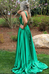 Green A-Line Satin V-Neck Corset Prom Dress with Slit Gowns, Green A-Line Satin V-Neck Prom Dress with Slit