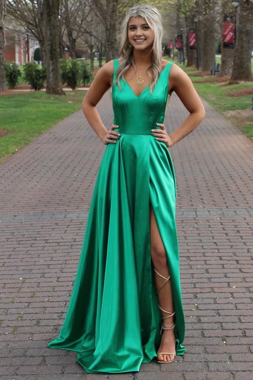 Green A-Line Satin V-Neck Corset Prom Dress with Slit Gowns, Green A-Line Satin V-Neck Prom Dress with Slit
