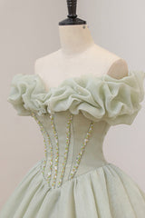 Green A-Line Tulle Long Corset Prom Dress with Beaded, Off the Shoulder Evening Dress outfit, Homemade Ranch Dress