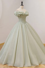 Green A-Line Tulle Long Corset Prom Dress with Beaded, Off the Shoulder Evening Dress outfit, Ranch Dress