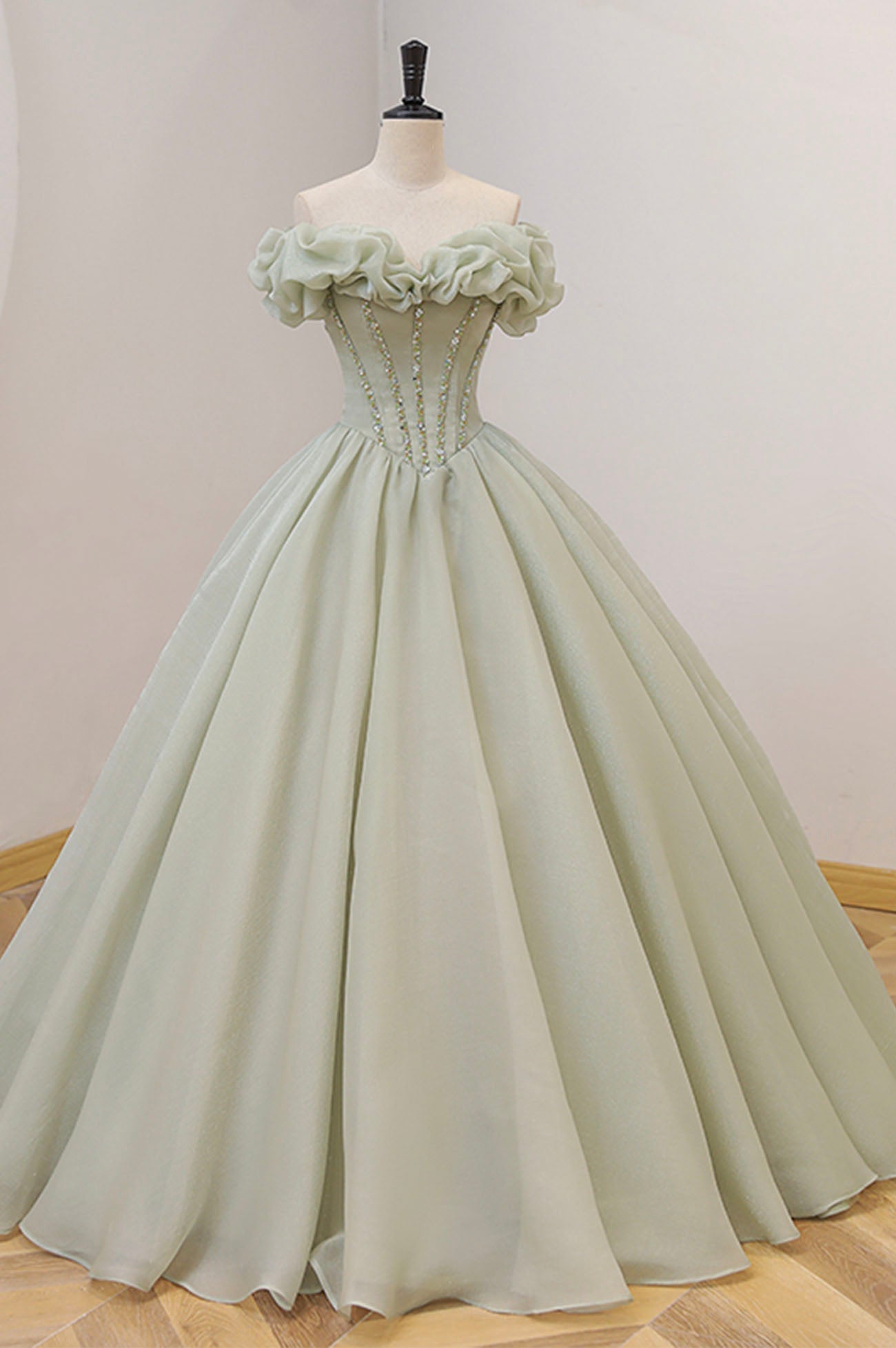 Green A-Line Tulle Long Corset Prom Dress with Beaded, Off the Shoulder Evening Dress outfit, Sun Dress