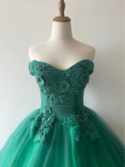 Green Corset Ball Gown Tulle Off Shoulder with Lace Applique, Green Sweet 16 Dress Party Dress Outfits, Bridesmaids Dress Long