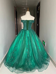 Green Corset Ball Gown Tulle Off Shoulder with Lace Applique, Green Sweet 16 Dress Party Dress Outfits, Bridesmaids Dresses Long