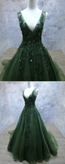 Green Beaded and Lace V-neckline Low Back Long Party Dresses, Green Evening Dress Party Dresses outfit, Prom Dress Shops