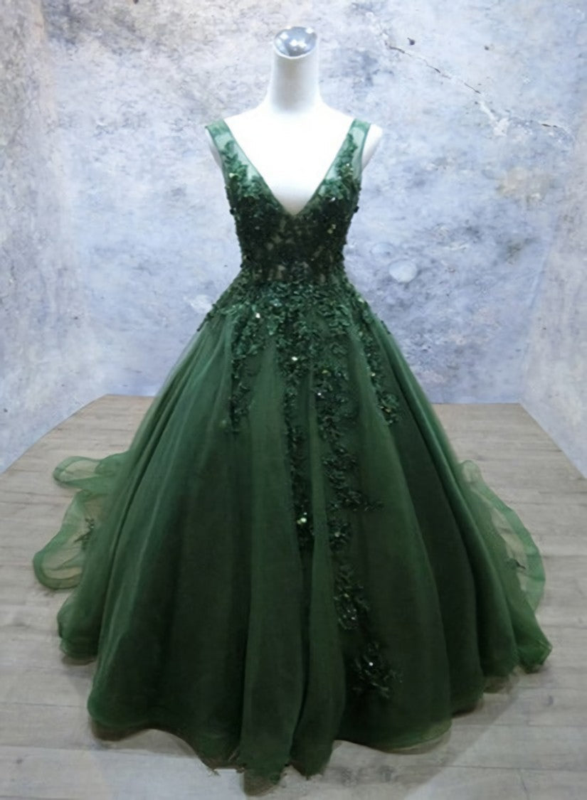 Green Beaded and Lace V-neckline Low Back Long Party Dresses, Green Evening Dress Party Dresses outfit, Prom Dresses Shop