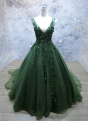 Green Beaded and Lace V-neckline Low Back Long Party Dresses, Green Evening Dress Party Dresses outfit, Prom Dresses Shop