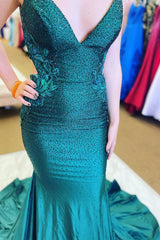 Green Beading Mermaid Corset Prom Dress with Appliques Gowns, Green Beading Mermaid Prom Dress with Appliques