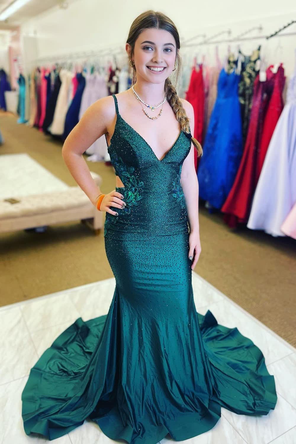 Green Beading Mermaid Corset Prom Dress with Appliques Gowns, Green Beading Mermaid Prom Dress with Appliques