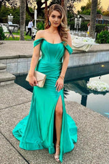 Green Corset Off the Shoulder Long Corset Prom Dress with Slit Gowns, Green Corset Off the Shoulder Long Prom Dress with Slit