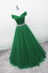 Green Off Shoulder Tulle Beaded A-line Corset Formal Dress, Green Floor Length Long Corset Prom Dress outfits, Formal Dresses For Fall Wedding
