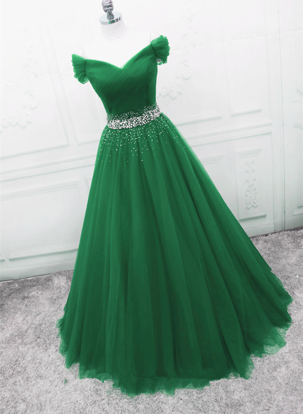 Green Off Shoulder Tulle Beaded A-line Corset Formal Dress, Green Floor Length Long Corset Prom Dress outfits, Formal Dresses For Winter Wedding