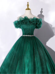 Green Off Shoulder Tulle Long Corset Prom Dress, Green Sweet 16 Dress outfit, Wedding Decor