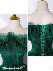 Green Off Shoulder Tulle Long Corset Prom Dress, Green Sweet 16 Dress outfit, Long Sleeve Wedding Dress