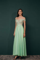 Off The Shoulder Charming Long Chiffon Corset Prom Dresses With Appliques Gowns, Party Dress Prom