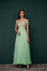 Off The Shoulder Charming Long Chiffon Corset Prom Dresses With Appliques Gowns, Party Dresses Prom