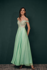 Off The Shoulder Charming Long Chiffon Corset Prom Dresses With Appliques Gowns, Party Dresse Idea
