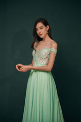 Off The Shoulder Charming Long Chiffon Corset Prom Dresses With Appliques Gowns, Party Dresses Idea