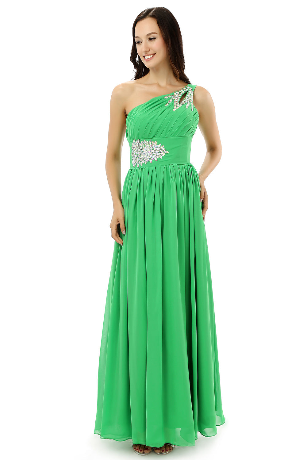 Green One Shoulder Chiffon With Crystal Pleats Corset Bridesmaid Dresses outfit, Party Dress Design