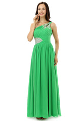 Green One Shoulder Chiffon With Crystal Pleats Corset Bridesmaid Dresses outfit, Party Dress Designs
