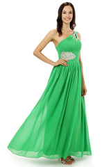Green One Shoulder Chiffon With Crystal Pleats Corset Bridesmaid Dresses outfit, Party Dress Teens