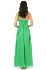 Green One Shoulder Chiffon With Crystal Pleats Corset Bridesmaid Dresses outfit, Party Dress Maxi