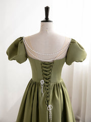 Green Puff Sleeves Satin Long Corset Prom Dress, Green Long Corset Formal Dresses outfit, Prom Theme