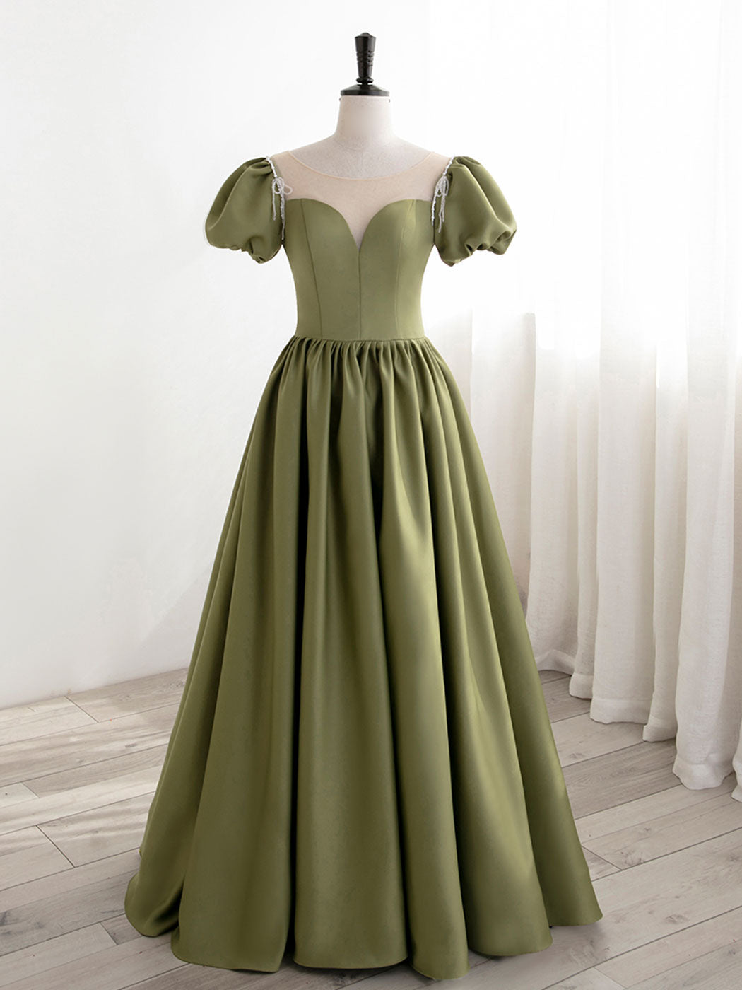 Green Puff Sleeves Satin Long Corset Prom Dress, Green Long Corset Formal Dresses outfit, Yellow Prom Dress