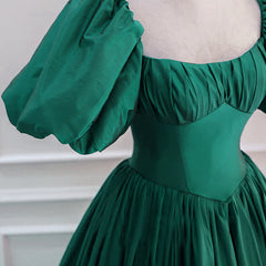 Green Puffy Sleeves Taffeta Long Corset Formal Dress, Scoop Green Corset Prom Dress Party Dress Outfits, Purple Dress