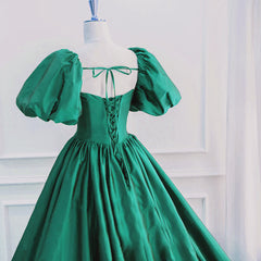 Green Puffy Sleeves Taffeta Long Corset Formal Dress, Scoop Green Corset Prom Dress Party Dress Outfits, Unique Prom Dress