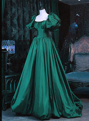 Green Puffy Sleeves Taffeta Long Corset Formal Dress, Scoop Green Corset Prom Dress Party Dress Outfits, Semi Formal Dress