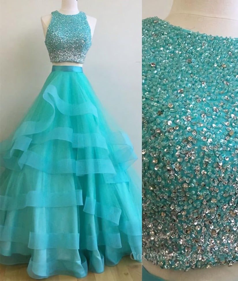 Green Round Neck 2 Pieces Beaded Sequins Tulle Long Corset Prom Dress, Green 2 Pieces Corset Formal Dress, Green Evening Dress outfit, Bridesmaid Dresses Spring