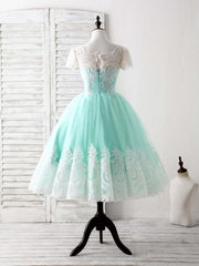 Green Round Neck Lace Applique Tulle Short Corset Prom Dresses outfit, Bridesmaids Dresses White