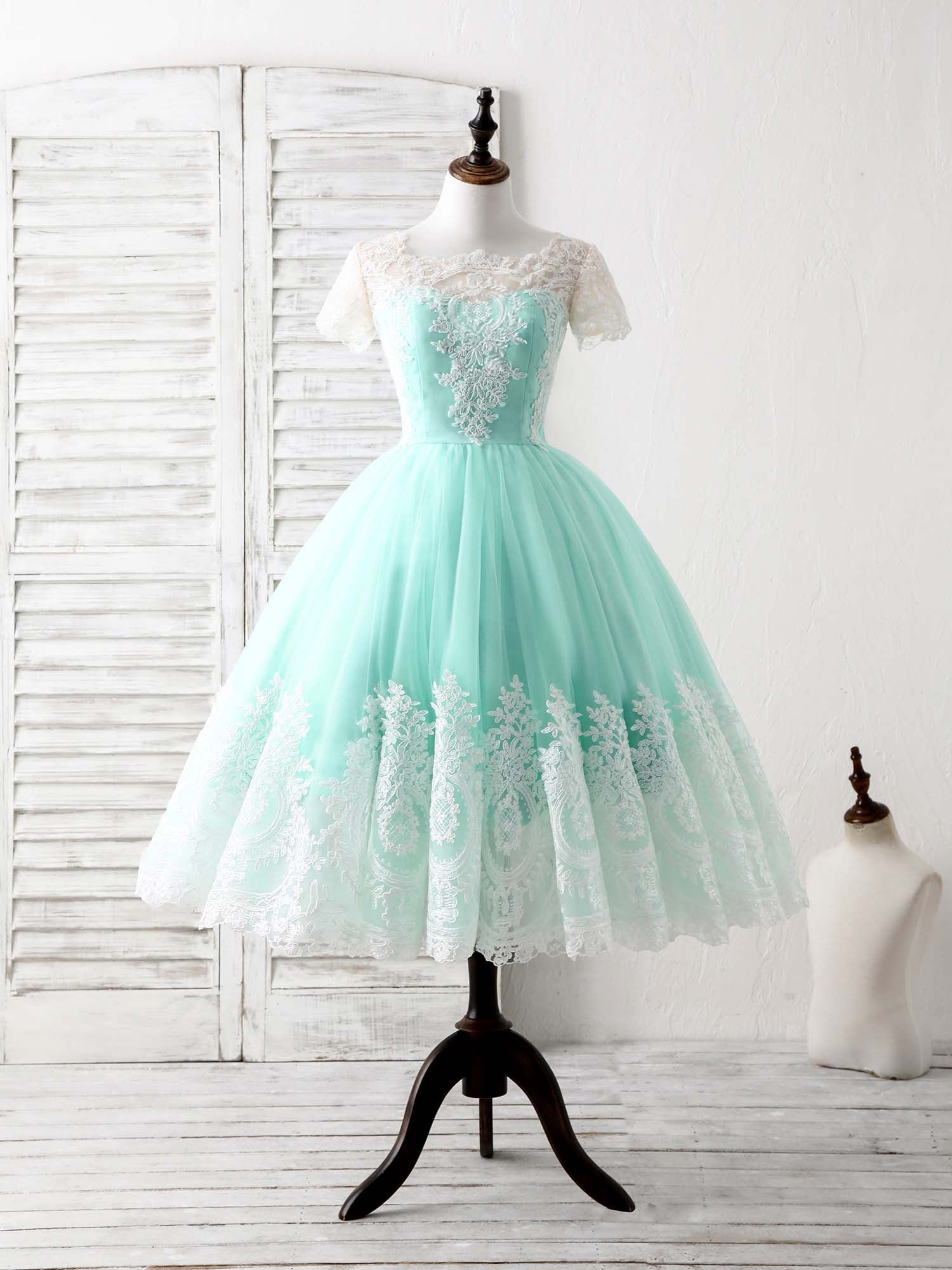 Green Round Neck Lace Applique Tulle Short Corset Prom Dresses outfit, Bridesmaid Dresses Mismatched Summer