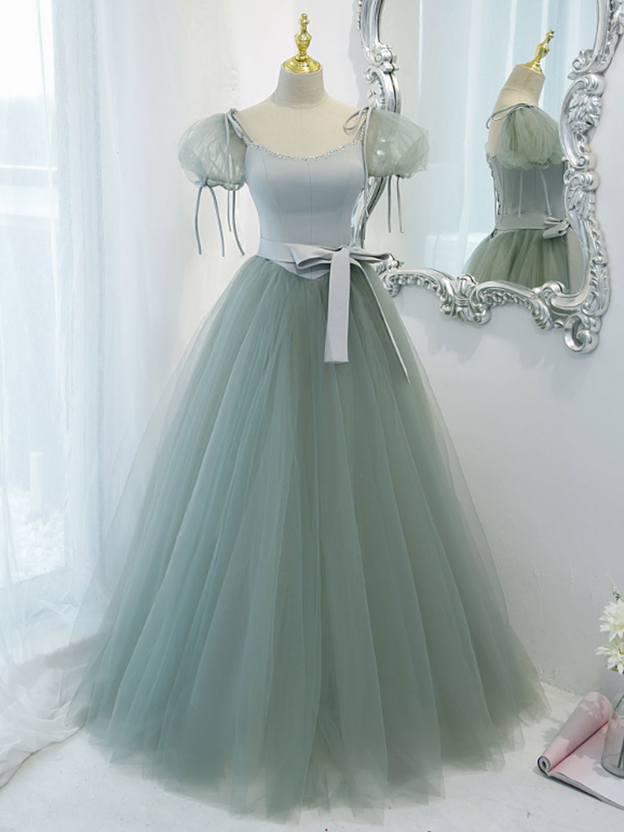 Green Round Neck Tulle Long Corset Prom Dress, Green Evening Dress outfit, Formal Dresses Shops