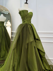 Green Ruffle Tiered Corset Prom Dresses Strapless, Green Long Party Dress Outfits, Party Dress Short