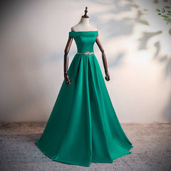 Green Satin A-line Long Off Shoulder Simple Corset Prom Dress, Green Corset Formal Dress Evening Dress outfit, Prom Gown