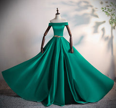 Green Satin A-line Long Off Shoulder Simple Corset Prom Dress, Green Corset Formal Dress Evening Dress outfit, Flower Dress
