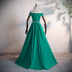 Green Satin A-line Long Off Shoulder Simple Corset Prom Dress, Green Corset Formal Dress Evening Dress outfit, Nice Dress