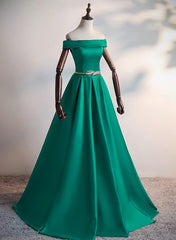 Green Satin A-line Long Off Shoulder Simple Corset Prom Dress, Green Corset Formal Dress Evening Dress outfit, Bridal Dress