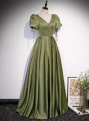 Green Satin A-line Puffy Sleeves A-line Corset Prom Dress, V-neck Simple Long Corset Formal Party Gown Outfits, Stylish Outfit