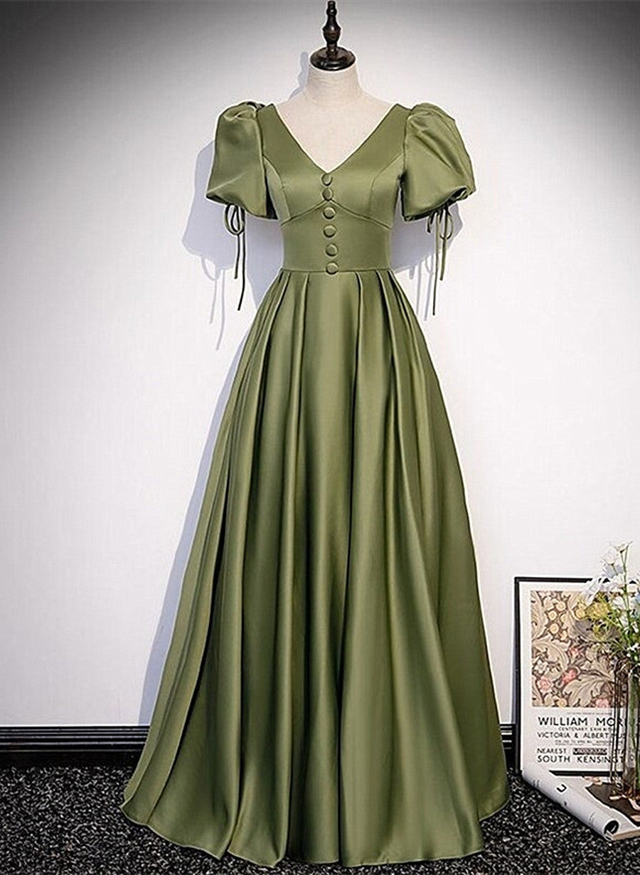 Green Satin A-line Puffy Sleeves A-line Corset Prom Dress, V-neck Simple Long Corset Formal Party Gown Outfits, Party Dress Afternoon Tea