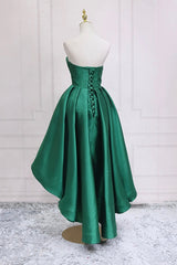 Green Satin High Low Corset Prom Dress, Cute Sweetheart Neck Evening Party Dress Outfits, 2033 Prom Dress