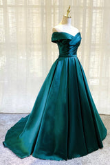 Green Satin Long A-Line Corset Prom Dress, Simple Off the Shoulder Evening Dress outfit, Prom Dresses 2019