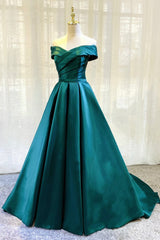 Green Satin Long A-Line Corset Prom Dress, Simple Off the Shoulder Evening Dress outfit, Prom Dresses 2023