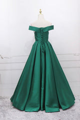 Green Satin Long A-Line Corset Prom Dress, V-Neck Off the Shoulder Evening Dress outfit, Homecomeing Dresses Short