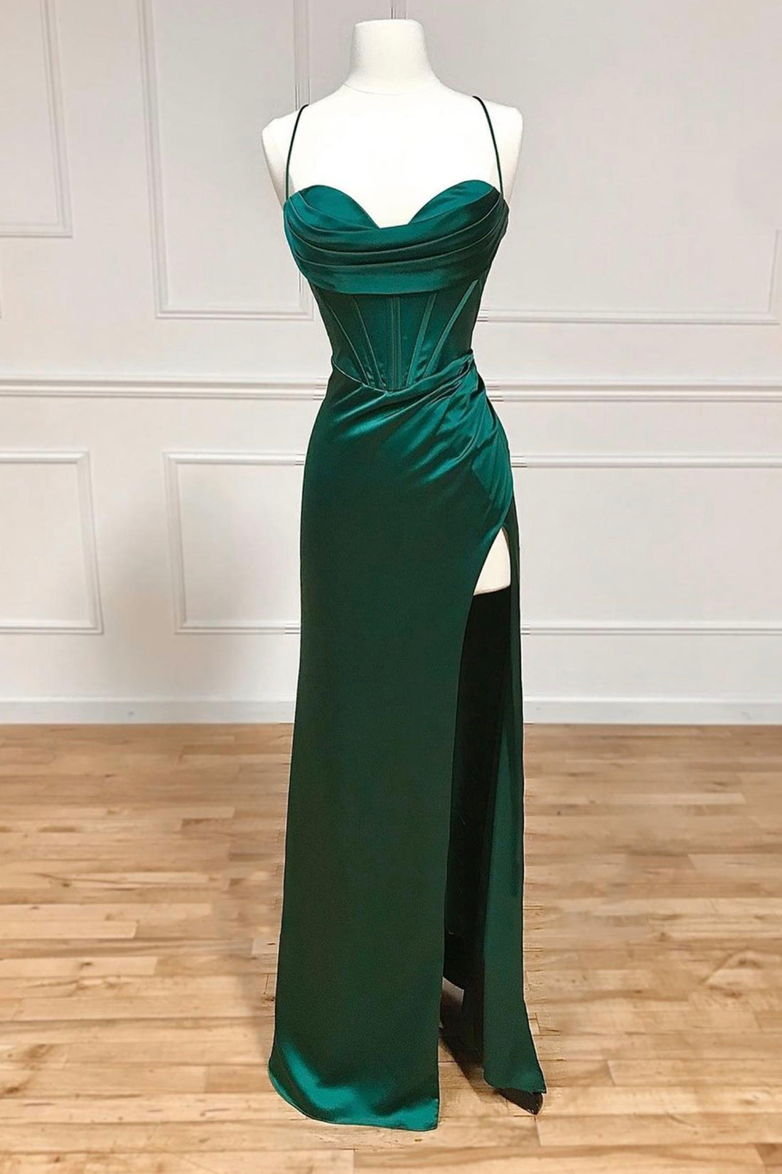 Green Satin Long Corset Prom Dress, Simple Lace-Up Evening Party Dress Outfits, Bridesmaids Dresses Convertible