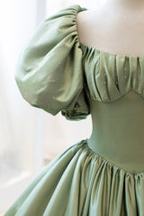 Green Satin Puff Sleeves Long Corset Prom Dress, Green A-Line Corset Formal Dress outfit, Party Dress Shops Near Me