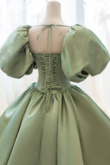 Green Satin Puff Sleeves Long Corset Prom Dress, Green A-Line Corset Formal Dress outfit, Party Dress Shop Near Me